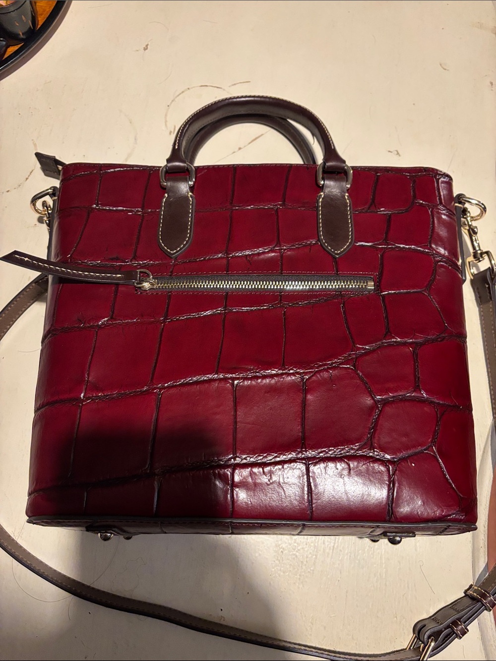 Dooney & Bourke Burgundy Croc-Embossed Leather Messenger with Brown Trim - Picture 4 of 5